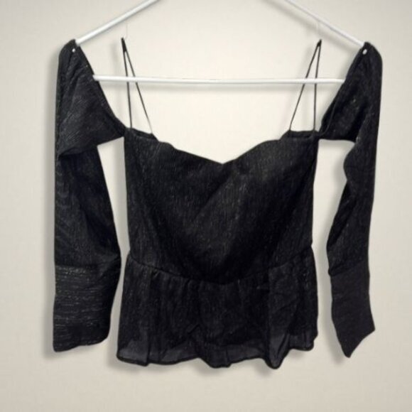 En Elly by Anthropologie Cold Shoulder Top Chest Boning Glitter Metallic Black M - Picture 1 of 8